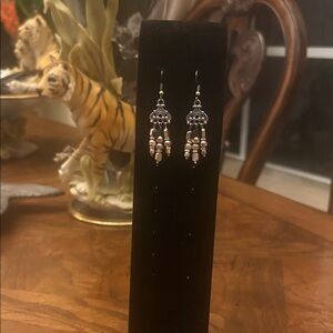Ornate Silver and Cream Beaded Earrings